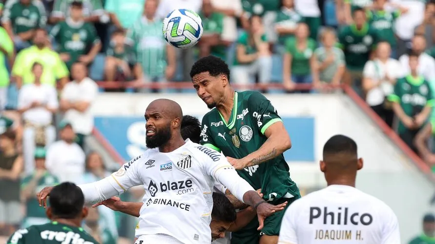O jogador Murilo, da SE Palmeiras, disputa bola com o jogador do Santos FC, durante partida válida pela vigésima sexta rodada, do Campeonato Brasileiro, Série A, na Arena Barueri. (Foto: Cesar Greco/Palmeiras/by Canon)