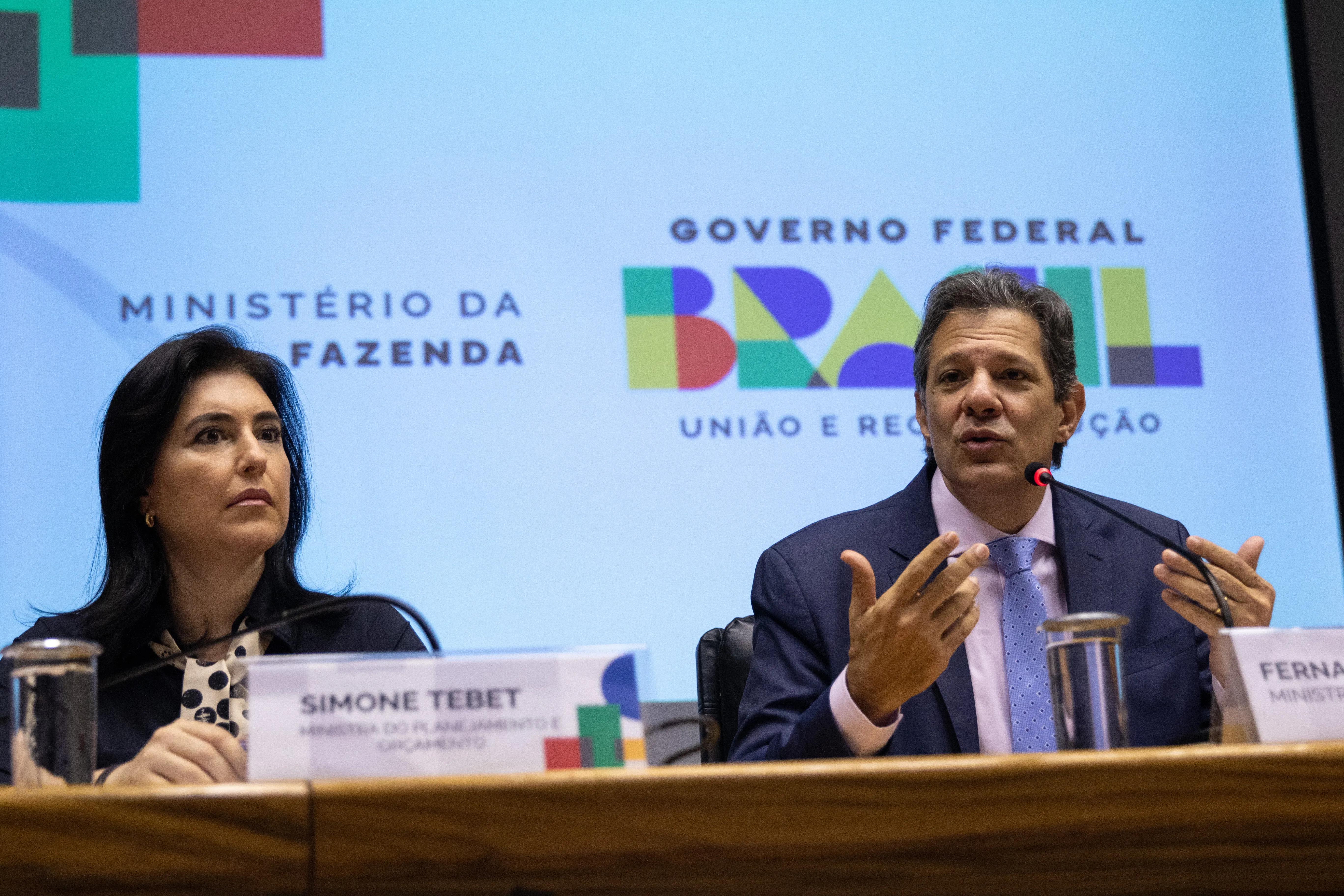 Brasília (DF) 30/03/2023  Os ministros da Fazenda, Fernando Haddad e do Planejamento, Simone Tebet, durante coletiva sobre a nova regra fiscal.  Foto: José Cruz/ Agência Brasil